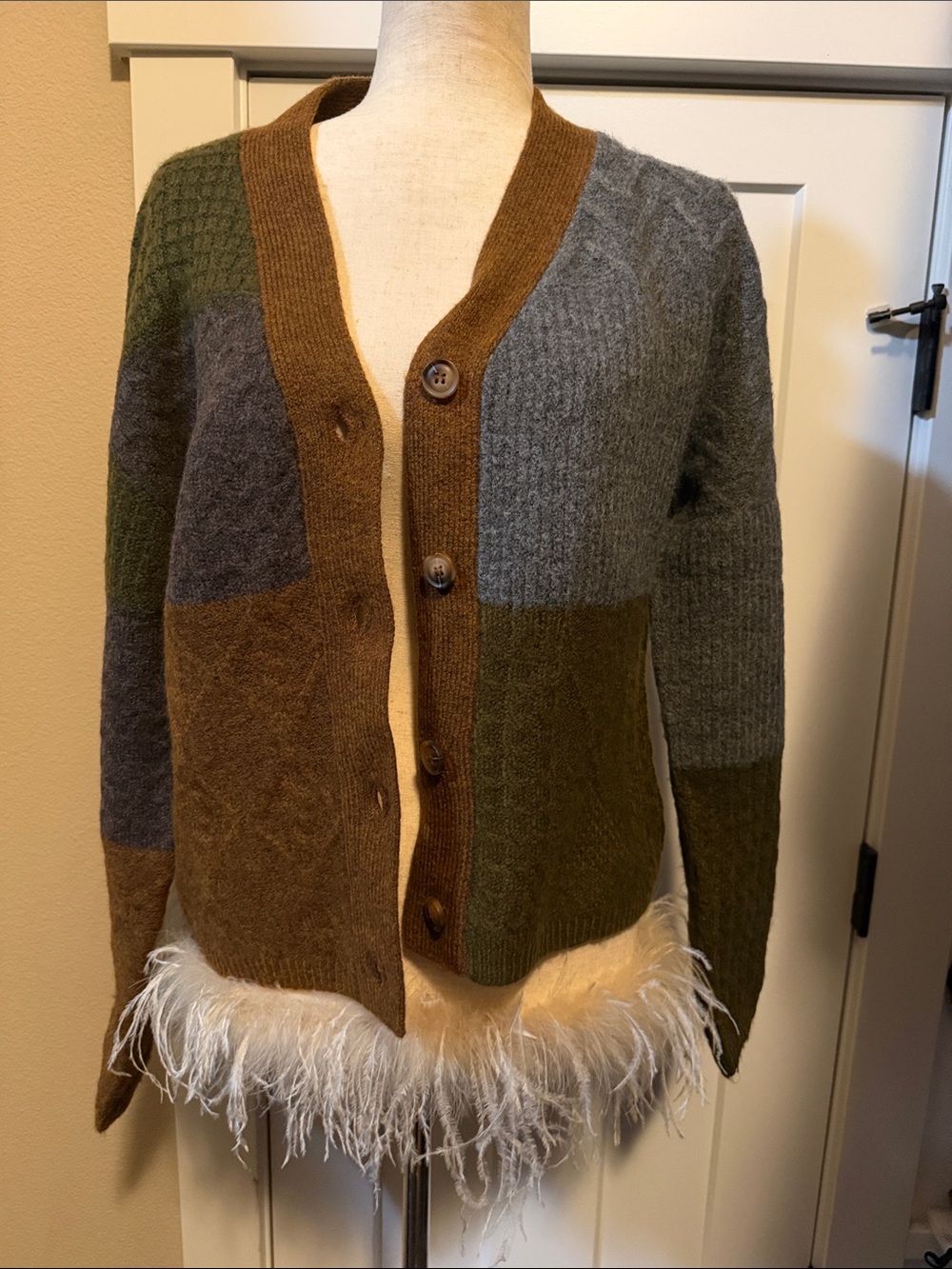 Patchwork V-Neck Button Cardigan in Olive, Gray & Brown